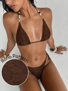 Aloruh 女士夏季新款扎染印花比基尼套装，性感派对音乐节炫彩贝壳装饰女士泳装，女士沙滩装，女士度假装 - 棕色 - 查看 10