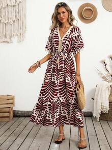 Breezaya 女士法式设计印花收腰飘逸流苏V领长款连衣裙，度假风 - 紅白色 - 查看 8