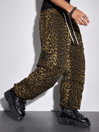 ROMWE MEN Men's Leopard Print Casual Drawstring Waist Cargo Pants