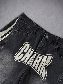 Manfinity ZONE917 男女皆宜的美式水洗黑色刺绣牛仔裤 - 黑色 - 查看 3