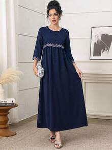 Yasmyna 刺绣镂空面料女士阿拉伯风格连衣裙 女士刺绣连衣裙 女士连衣裙 端庄藏蓝色女士连衣裙 端庄连衣裙 女士连衣裙 蓝色连衣裙 - 藏蓝色 - 查看 6