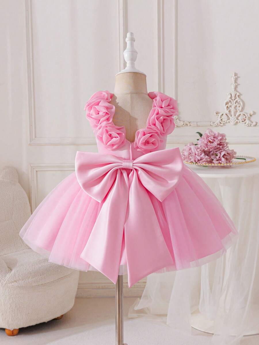 Glamorique Kids 女婴酒红色缎面网纱高档正式连衣裙，饰有3D立体花朵、大蝴蝶结后背和蓬蓬裙，适合圣诞节、宝宝生日派对、庆典、宴会等场合穿着。 - 粉色 - 查看 1
