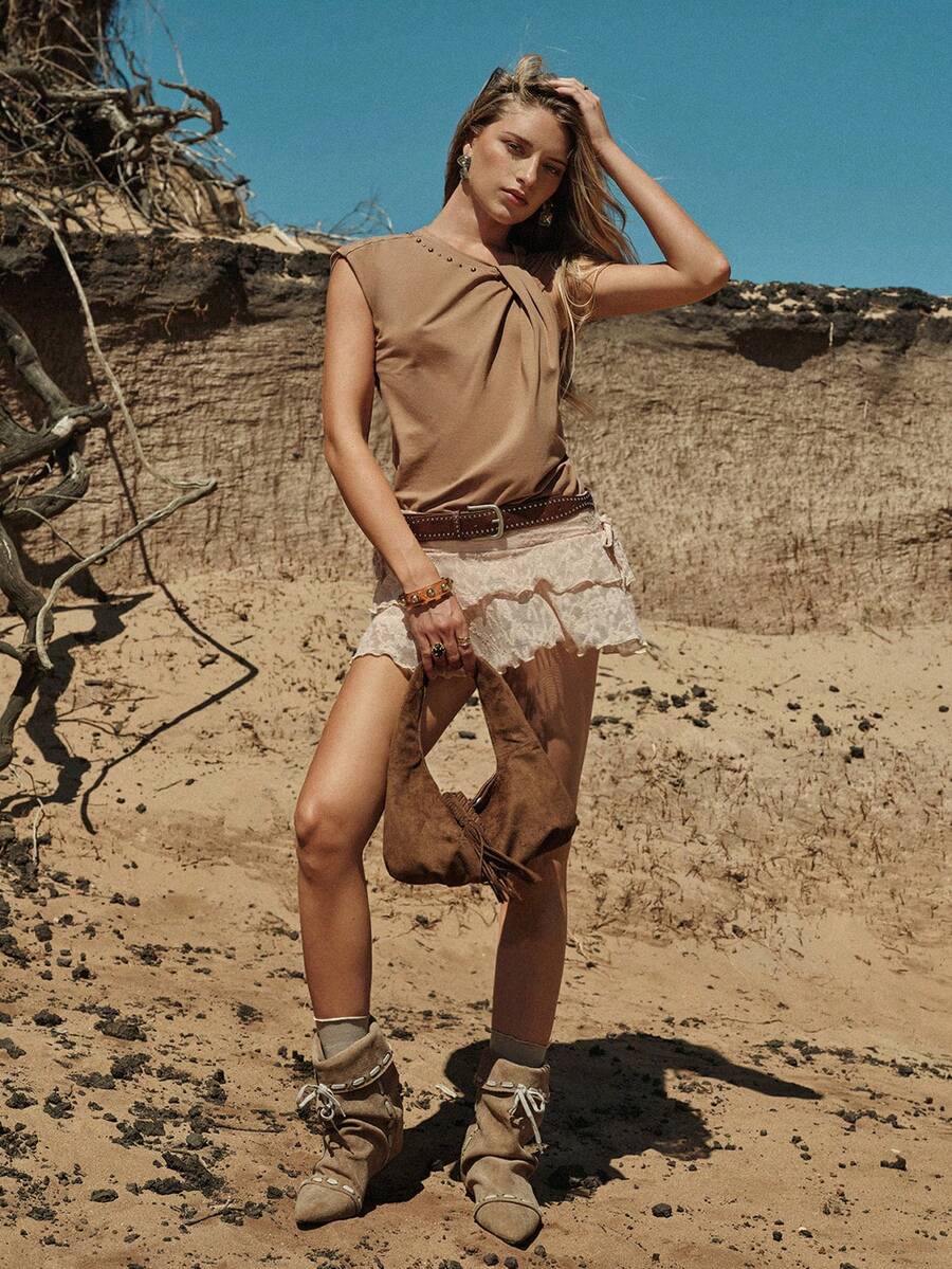 MOTF STUDIO WOMEN'S RIVET TWIST ASYMMETRIC T-SHIRT, SPRING/SUMMER - Khaki - View 1