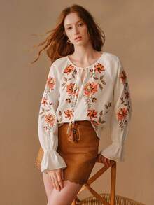 MOTF PREMIUM ÁO KIỂU BOHEMIAN THÊU BẰNG VẢI COTTON LINEN DÀNH CHO NỮ - trắng - Xem 6