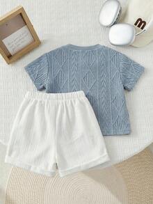 SHEIN 2件套男婴夏季可爱条纹卡通熊印花短袖T恤和松紧腰卡其色短裤套装 - 彩色 - 查看 3