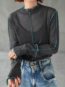 FRIFUL 女士荷叶边圆领长袖网纱透视休闲衬衫 - 灰色 - 查看 5