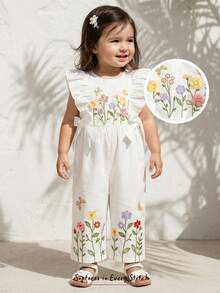 Cozy Pixies 女婴立体花卉图案圆领荷叶边蝴蝶结无袖收腰连体衣，百搭舒适 - 白色 - 查看 11