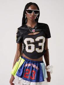 ROMWE Avant 女士街头风运动针织露脐镂空T恤 - 黑色 - 查看 4