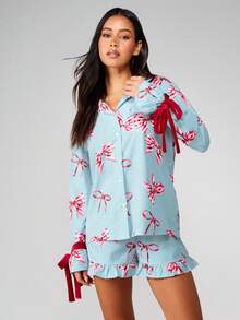 MISSGUIDED Bow Print Pajama Set Long Sleeve Button Up Top With Ruffle Shorts Holiday Sleepwear Lounge Set - Blue - View 3