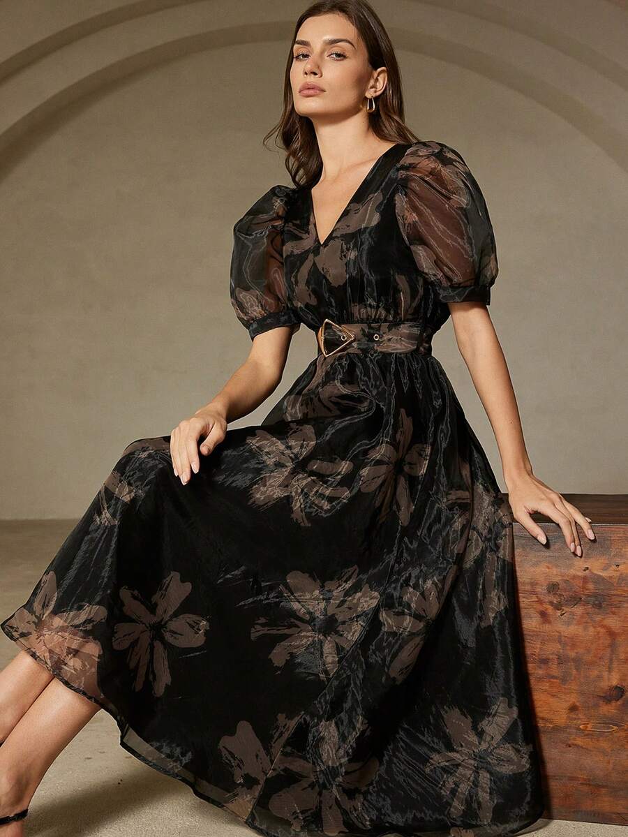 Revavyn Đầm organza tay ngắn, cổ chữ V, eo bất đối xứng, in hoa cổ điển, có khóa cài. - Nhiều màu - Xem 1