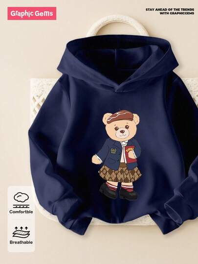 SHEIN GraphicGems Baby Girl Casual Fashionable Versatile Sweet Collegiate Style Bear Graphic Comfortable Hooded Long Sleeve Sweatshirt, Suitable For Autumn/Winter/Spring, Lightweight & Cozy, Ideal For Casual Outings, Back To School, Outdoor Picnics, Street Photography, Campus, Holidays, Gifts