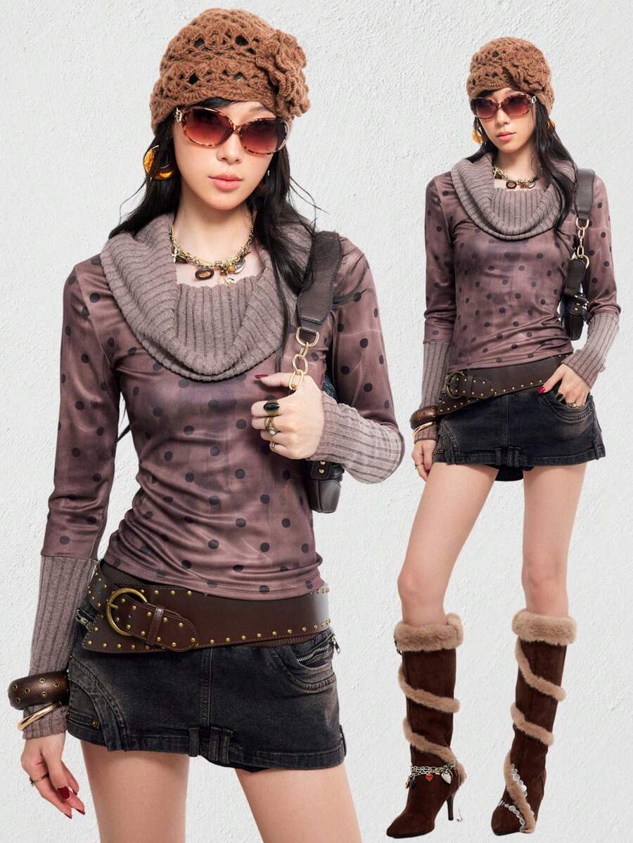 Bloopia 女士Y2K波点印花长袖时尚上衣 - 駝色 - 查看 1