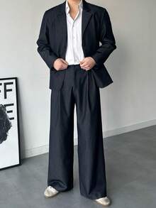 DAZY Navy Blue Loose Fit Speckled Collar Long Sleeve Jacket And Pants Suit Set For Men, Autumn - Royal Blue - View 5