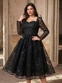Aureia Plus Size Elegant Luxurious Black Square Neck Long Sleeve Sheer Sequin Patchwork Tulle Puff Dress, Suitable For Weddings, Parties, Celebrations, Formal Occasions, Ballroom (Heavily Embellished Design) - Black - View 6