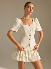 CLARA VERO White Tweed Puff Sleeve Layered Ruffle Skirt Set: Slim Fit And Girly Peplum Shape, Perfect For Afternoon Tea Parties Or Elegant City Events, Made In Non-Elastic Textured Polyester Featuring Gold Button Down Front And Double Layered Skirt White Vintage Dress Square Neck Blouse French Style Dress Tweed Two Piece Set - Olive Green - View 1