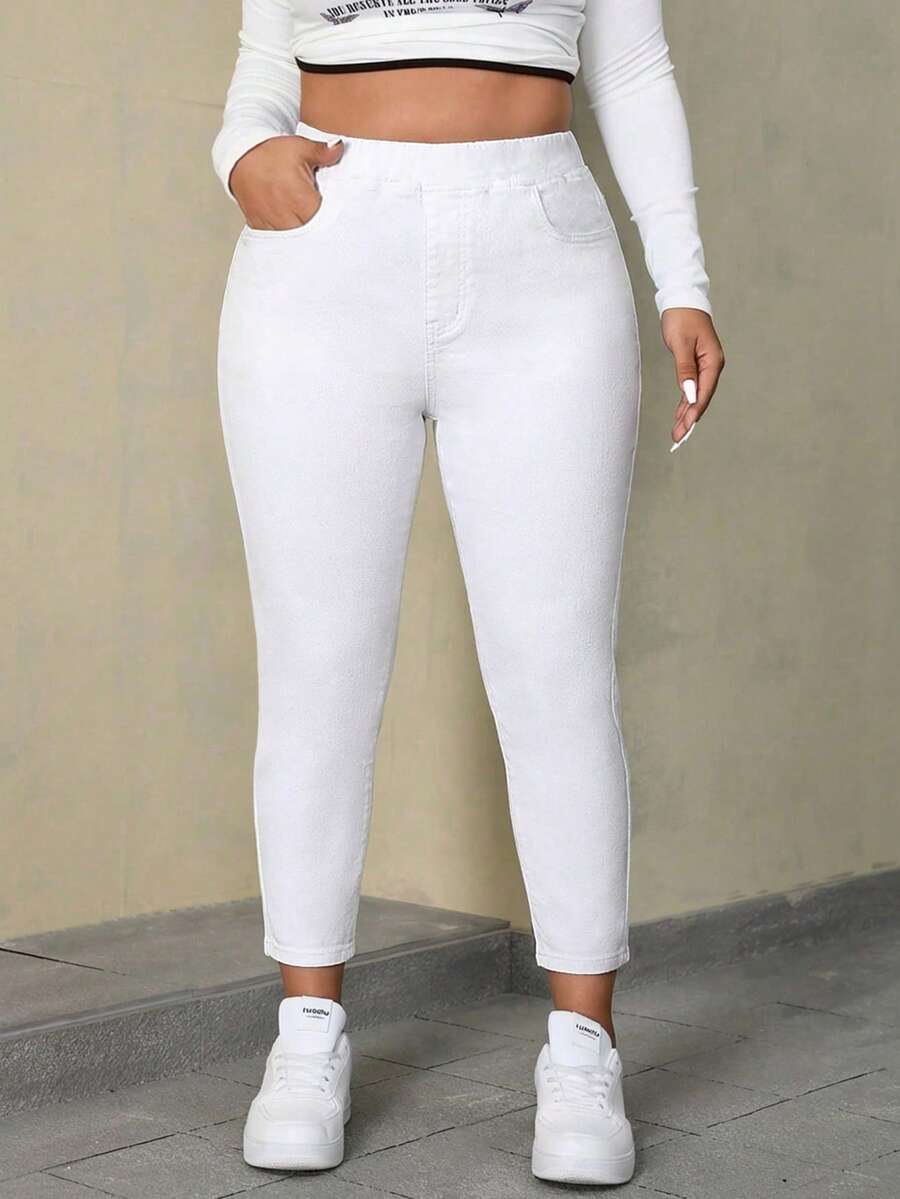 SHEIN ICON Denim Simples e Casuais Plus Size - Branco - Visão 1