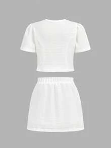 SHEIN Tween Girl Woven Tweed Faux Pearl Button Bow Decor Top And Skirt Elegant 2-Piece Set, French Elegant Lady Style - Black and White - View 12