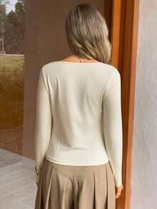 Elyressa Women's Solid Color Asymmetrical Neckline Long Sleeve Casual Minimalist Fashion T-Shirt - Apricot - View 2