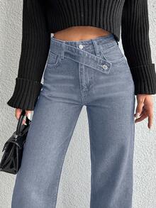SHEIN Cottnline Casual Commuter High Waist Straight-Leg Washed Jeans - Light Wash - View 3