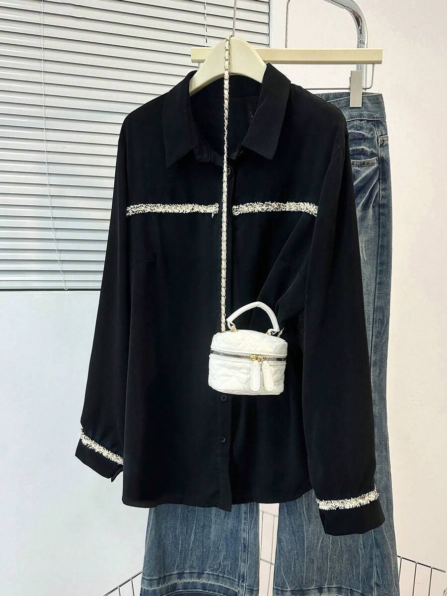 Modelyn Áo sơ mi dài tay dáng ôm, màu trơn, cỡ lớn, trang trí ruy băng, thích hợp cho mùa xuân và mùa thu. - màu đen - Xem 1