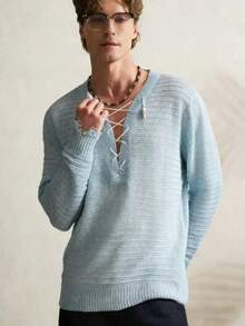 Manfinity Dauomo Men's Casual V-Neck Tie-Up Solid Color Sweater - Blue - View 1