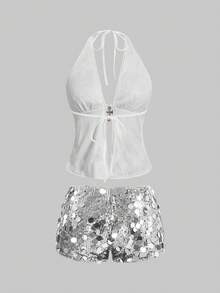 ROMWE Grunge Punk 朋克摇滚天后派对装扮，音乐节新年服装，露背性感亮片十字架吊坠两件套，Y2K千禧年 - 銀色 - 查看 2