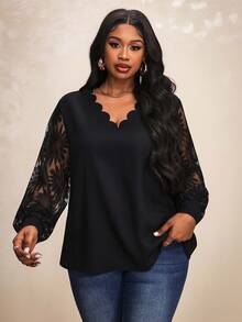 Truni Women Plus Size V-Neck Patchwork Sunflower Lace Splicing Ruffle Sleeve Blouse, Spring, For Pear Triangle Body Shape - Black - View 4