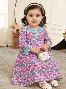 SHEIN Babygirl Elegant & Cute Loose Floral Print Long Sleeve Dress, Vacation Style - Multicolor - View 2