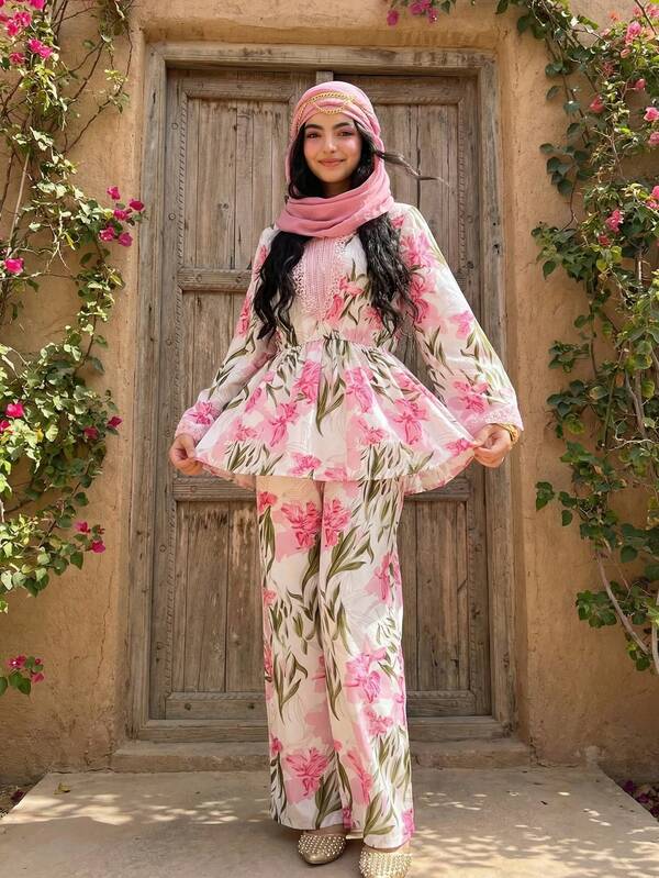 Teen Girl Floral Print Contrast Lace Shirt And Pants Set, Casual For Autumn