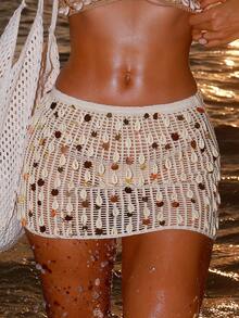 Swim SXY Saia de Cobertura Sexy para Praia com Cintura Elástica, Feita à Mão em Crochê com Recortes, Decorada com Contas e Lantejoulas, na Cor Damasco - Damasco - Visão 3