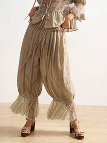 Bohemela 女士休闲梭织拼接蕾丝边宽松裤 - 綠色 - 查看 6