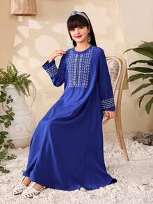 Tween Girl Vacation Embroidered Round Neck Loose Casual Dress - Royal Blue - View 4