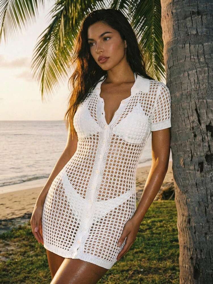Women's Solid Color Hollow Out Knitted Cover Up With Front Button Closure Music Festival Summer
