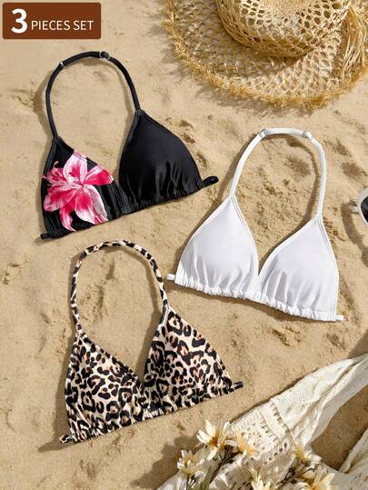 SHEIN 女童比基尼泳衣，三件套泳衣，花卉印花和纯色款式，适合夏季穿着，比基尼上衣套装，适合 8-14 岁女孩。