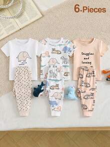 6pcs Baby Boys Cartoon Animal Print Comfortable Soft Knit Short Sleeve Pajama Set - Multicolor - View 1