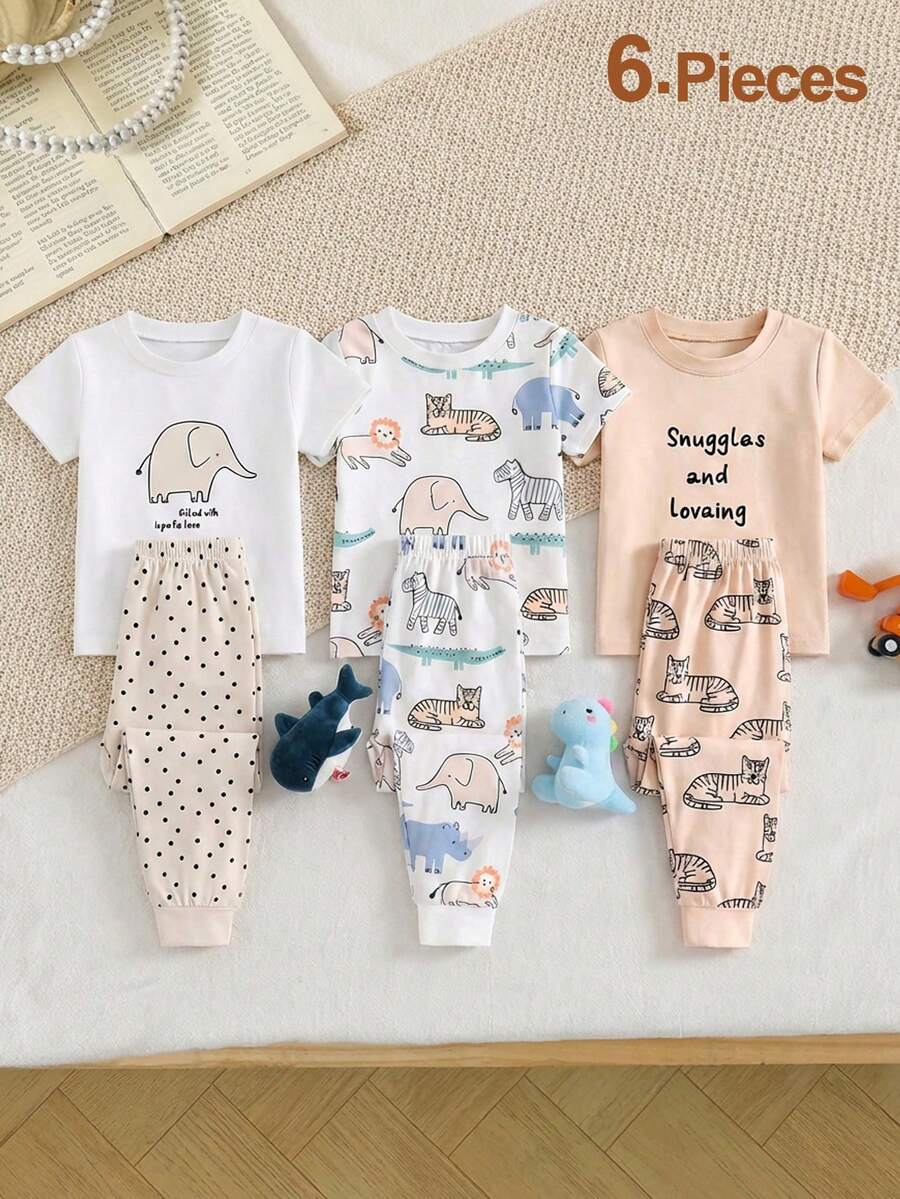 6pcs Baby Boys Cartoon Animal Print Comfortable Soft Knit Short Sleeve Pajama Set - Multicolor - View 1