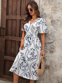 EMERY ROSE 女士休闲度假植物印花短袖连衣裙 - 藍白色 - 查看 3