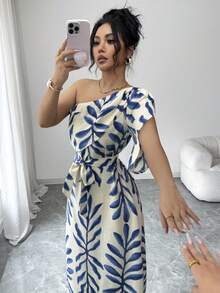 Elenzga Women's Elegant Floral Puff Sleeve Tie Waist Bodycon Dress, Blue & White, Spring/Summer - Blue - View 7