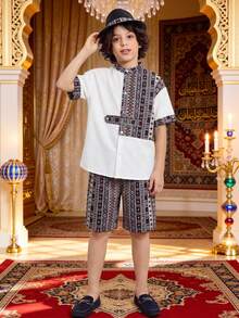 SHEIN 两件套儿童/青少年男童休闲舒适撞色翻领开襟宽松衬衫短裤套装，适合春夏季节、外出、情人节、约会、旅行、度假、家庭聚会、返校、婚礼、晚宴、运动、生日派对等场合。 - 彩色 - 查看 3