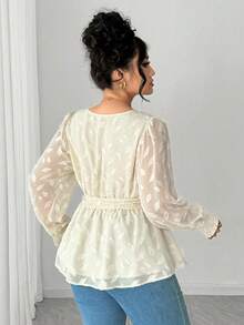 Elenzga Plus Size Elegant Commuter Solid Color Cutout Blouse - Apricot - View 2