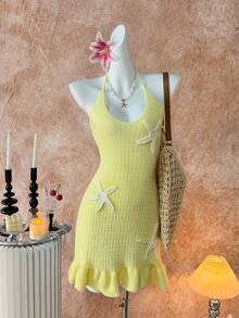 Elamini Y2K春夏女式沙滩度假休闲甜美海星钩针编织吊带裙 - 淡黃色 - 查看 1
