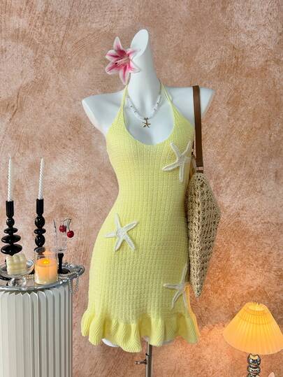 Elamini Y2K春夏女式沙滩度假休闲甜美海星钩针编织吊带裙