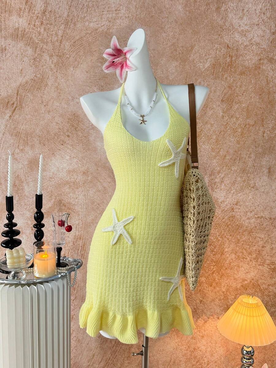 Elamini Y2K春夏女式沙滩度假休闲甜美海星钩针编织吊带裙 - 淡黃色 - 查看 1