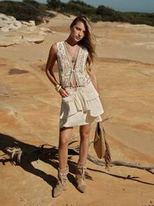 MOTF STUDIO WOMEN'S HOLIDAY POCKET RUFFLED HEM A-LINE SKIRT, SPRING/SUMMER - Apricot - View 5