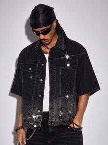 ROMWE MEN Street Life Áo denim tay ngắn màu đen đính đá lấp lánh - màu đen - Xem 4
