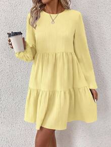 EMERY ROSE Women's Solid Color Minimalist Casual Round Neck Long Sleeve Dress - Light Yellow - View 4
