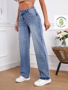 EMERY ROSE 大码女式带口袋纽扣休闲百搭通勤牛仔裤 - 藍色 - 查看 4