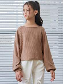 SHEIN 適合青少年女孩穿著的寬鬆復古長袖肋狀t恤 - 杏色 - 查看 3