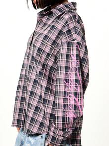 SUMWON WOMEN Oversized Plaid Button Up Shirt With Script Print Long Sleeve Collared Blouse Fall Winter Style - Purple - View 6