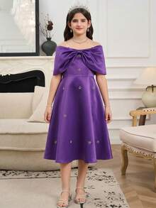 "One Piece Girls Aged 8- 12 Years Elegant Princess - Style Satin Fabric Chest Large Bowknot Rhinestone Embellished Off - Shoulder Sleeveless A - Line Midi Dress For Party, Wedding, Flower Girl, Ceremony, Pageant, Spring & Summer" - Purple - View 3